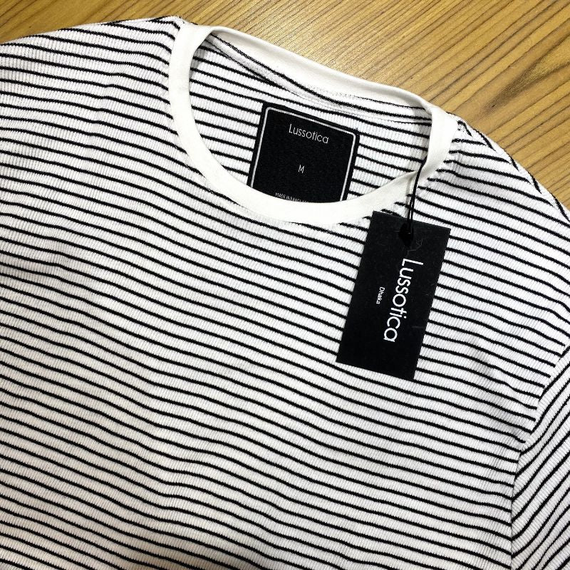 Ribbed Stripes by Lussotica – Ink Chiffon – Half Sleeve